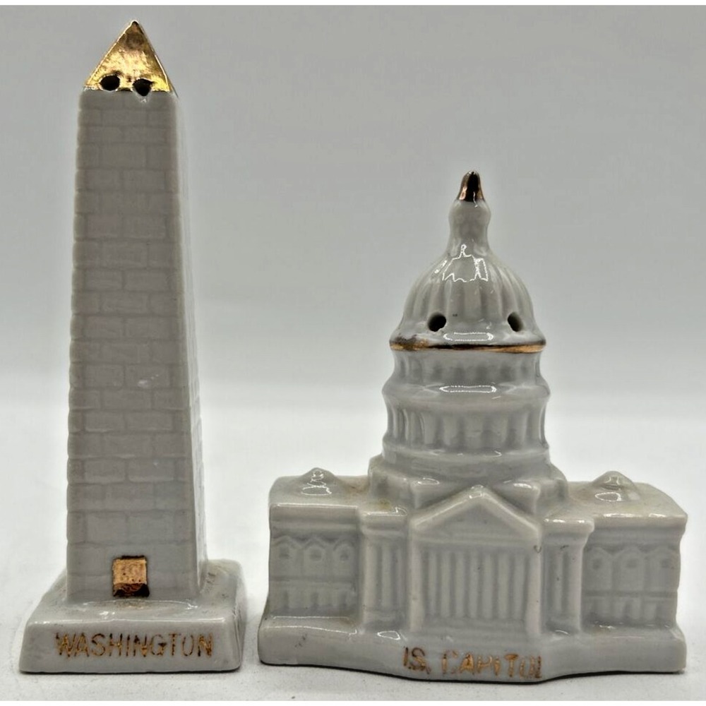 Vintage Retro Salt and Pepper Shakers Porcelain W.A. Monument & U.S. Cap U260/5